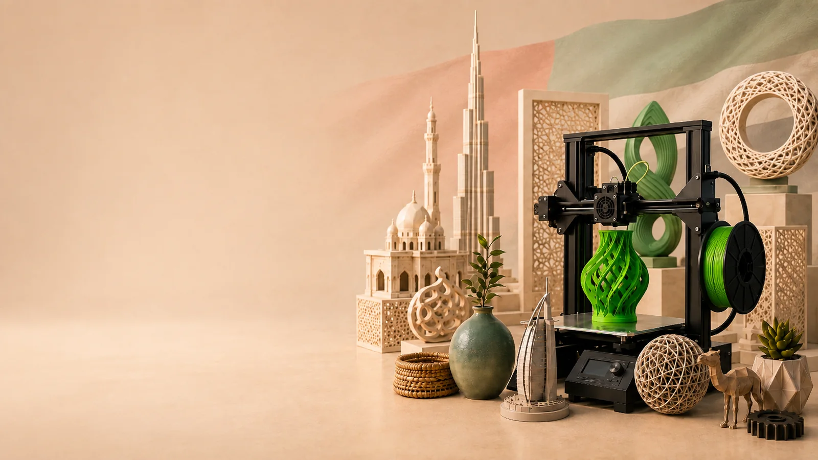 3D-printed models of UAE landmarks beside a desktop 3D printer building a green vase.