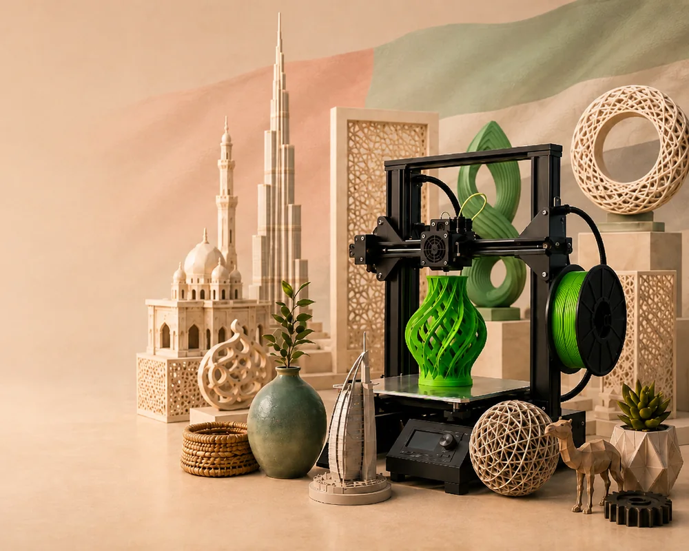 3D-printed models of UAE landmarks beside a desktop 3D printer building a green vase.